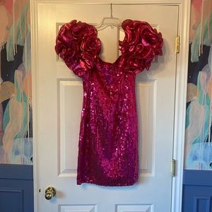 1992 Feisty Leroy Hot Pink Sequin Metallic Puff Sleeve Prom Dress Size 4